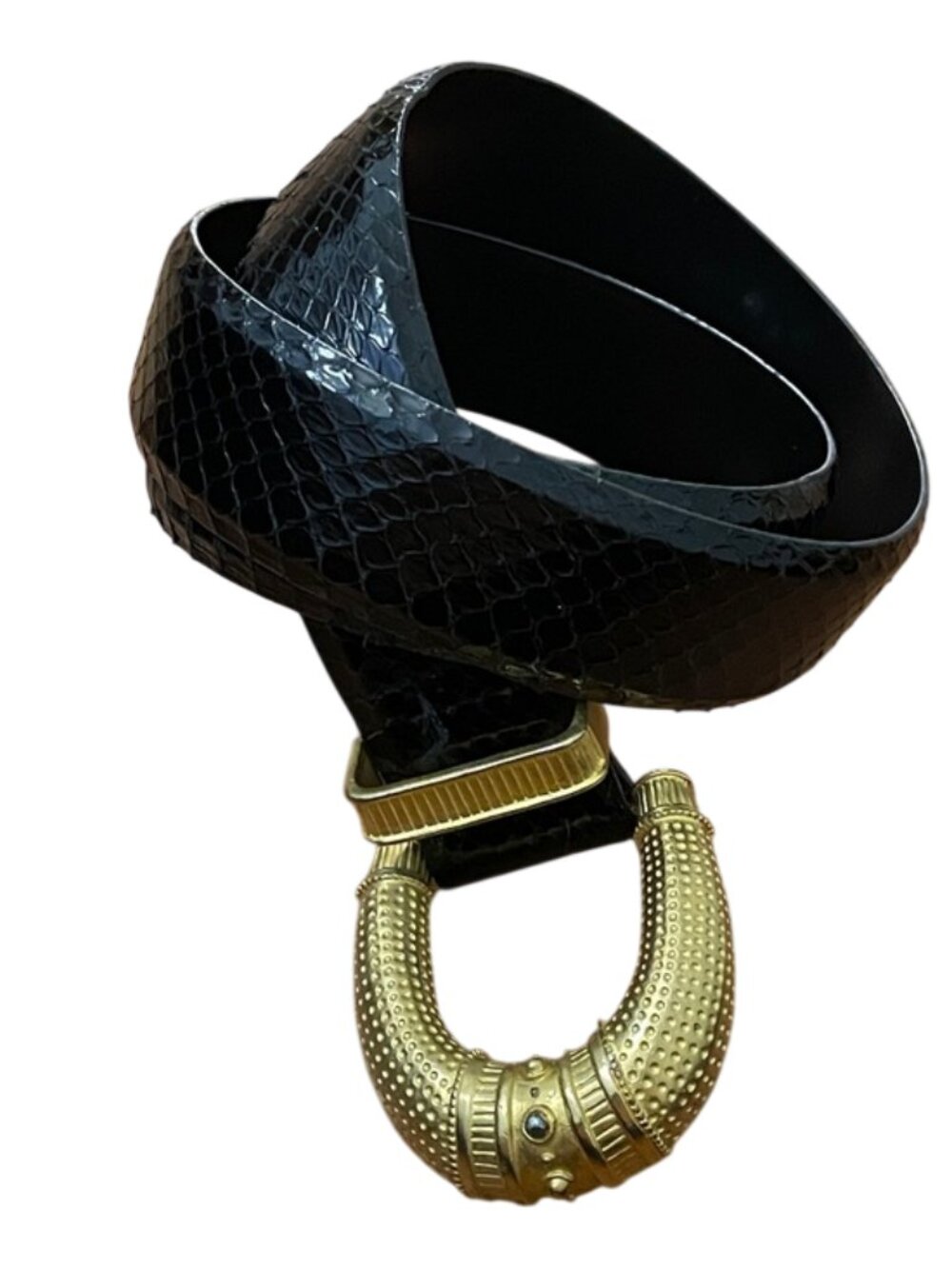Carlisle Black Snakeskin Belt Ornate Gold Horseshoe Buckle Vintage Size P 33"